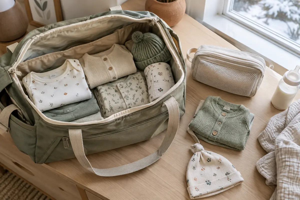 Sac de maternité ouvert avec quelques vêtements de bébé pliés et une tenue prévue pour l’hiver