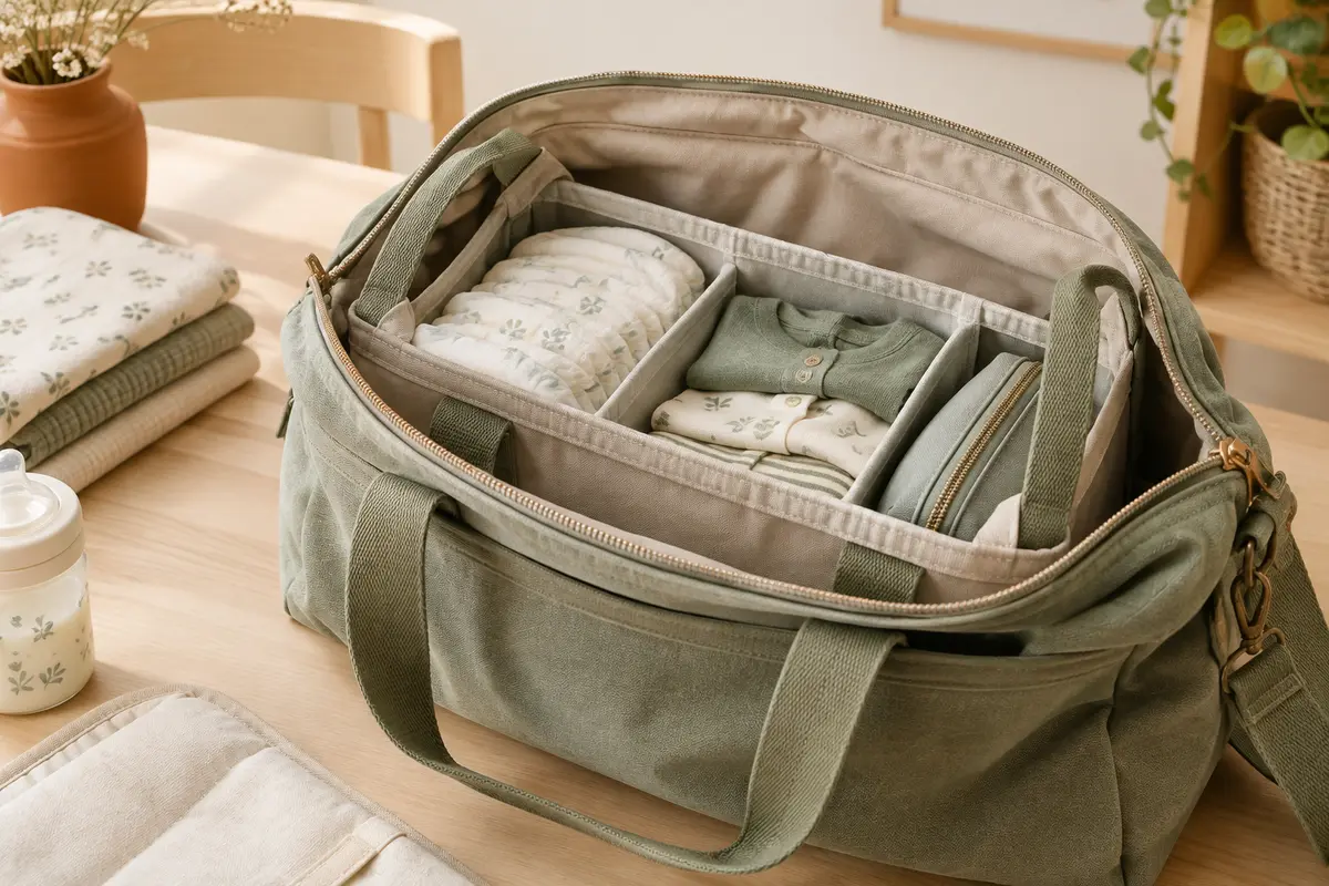 Sac à langer ouvert avec organiseur compartimenté, couches et pochette facilement accessibles