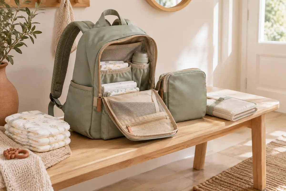 Sac à dos à langer avec bretelles rembourrées, pochette à couches et matelas nomade posé à côté.