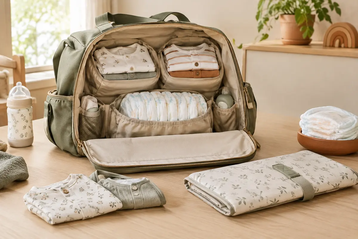 Sac à langer ouvert et organisé avec le nécessaire commun et les affaires séparées de deux bébés