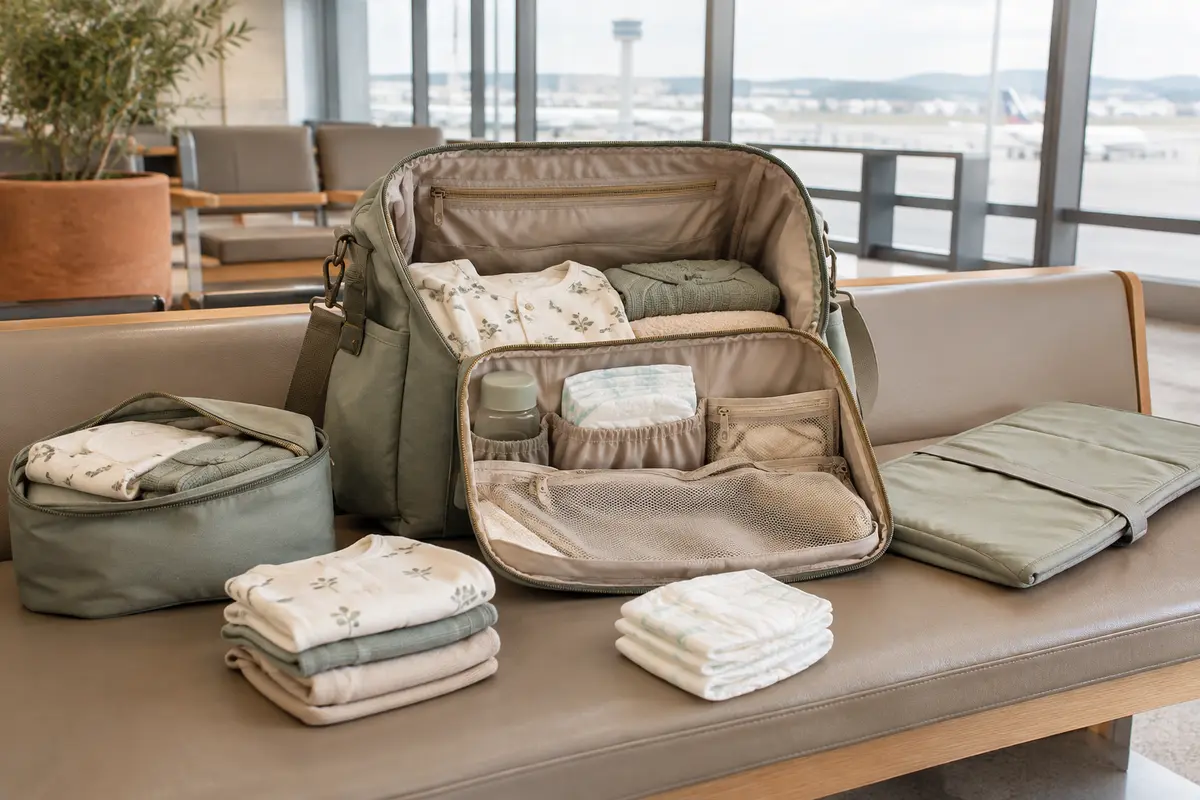 Sac à langer organisé avec une pochette de change et des affaires de bébé dans un terminal d’aéroport
