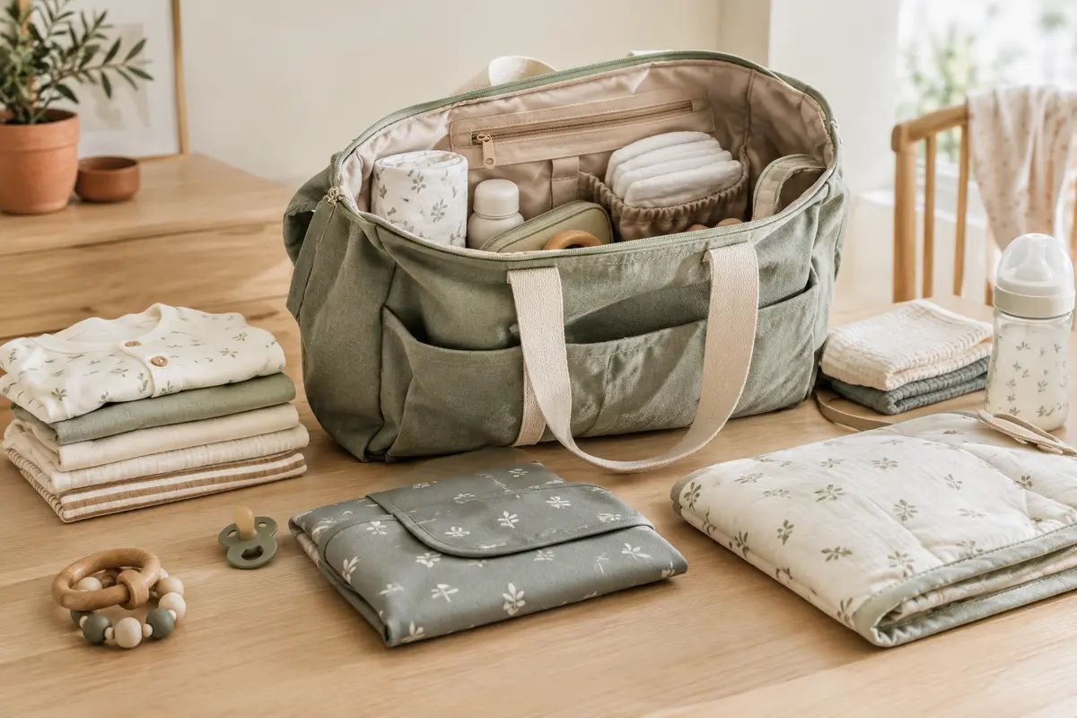 Sac à langer cabas ouvert avec affaires de bébé organisées et espace intérieur visible