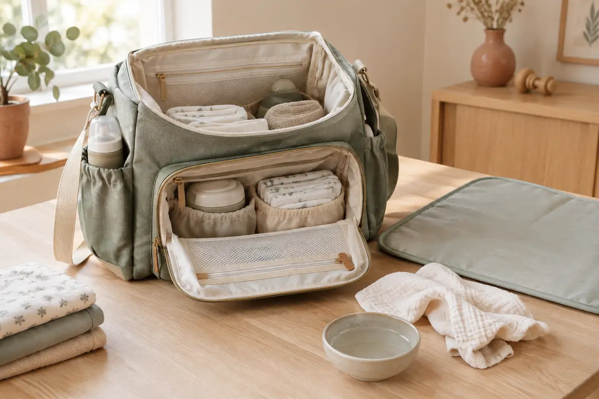 Sac à langer ouvert avec ses compartiments visibles et son tapis amovible posé à côté