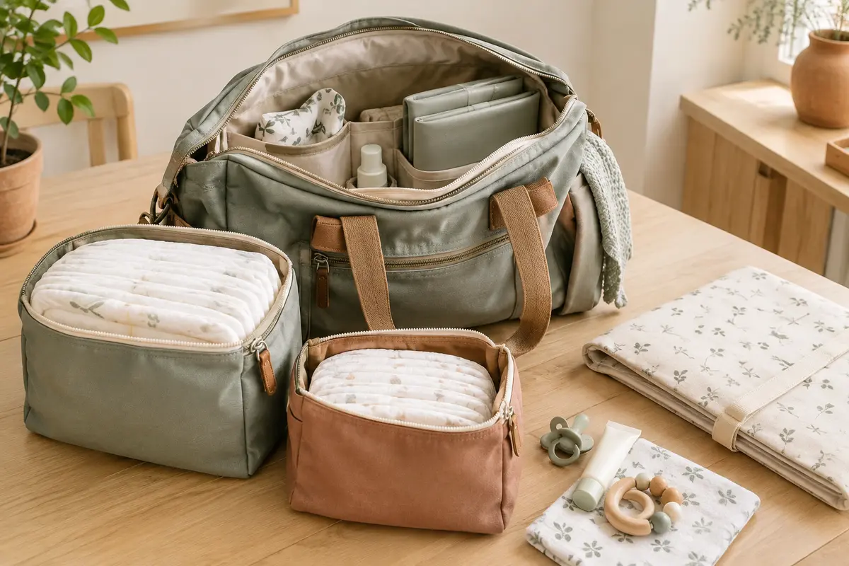 Sac à langer ouvert avec deux pochettes séparées pour les couches et une zone commune de change