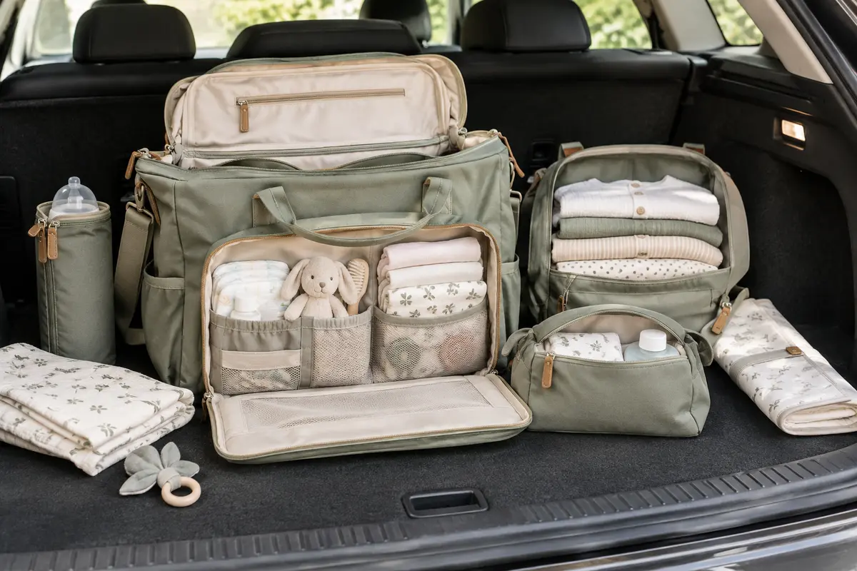 Sac à langer organisé dans le coffre d’une voiture stationnée, avec le nécessaire de pause séparé des affaires d’arrivée.
