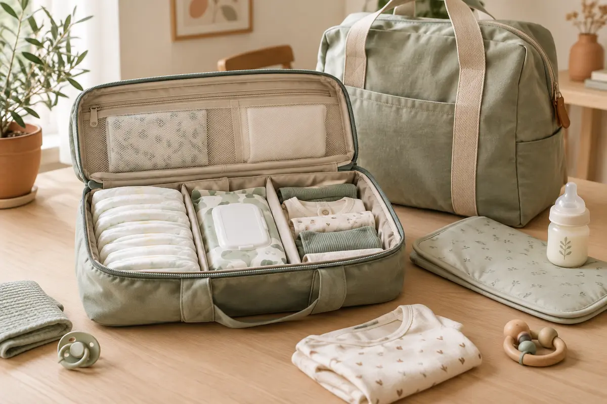 Pochette à couches ouverte avec couches, lingettes et matelas nomade rangés pour une sortie