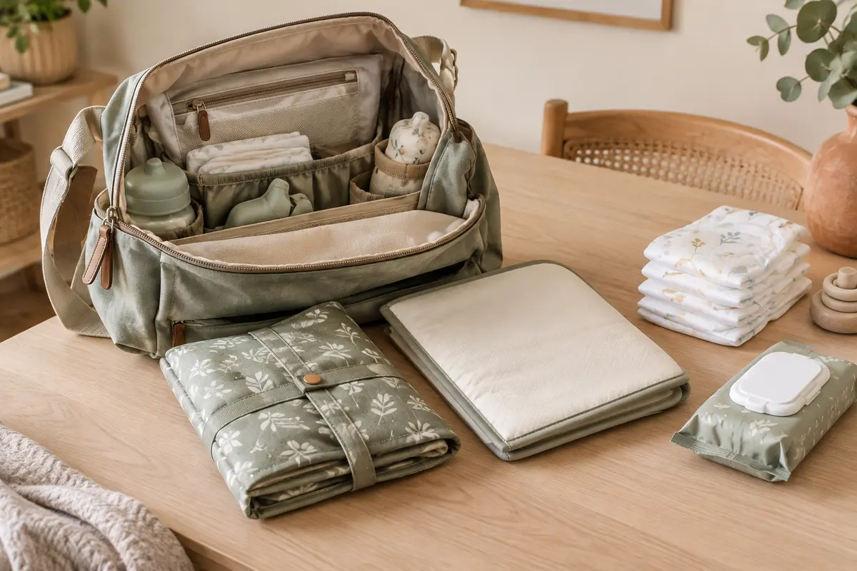 Sac à langer ouvert avec pochette intégrée et matelas nomade séparé comparés côte à côte