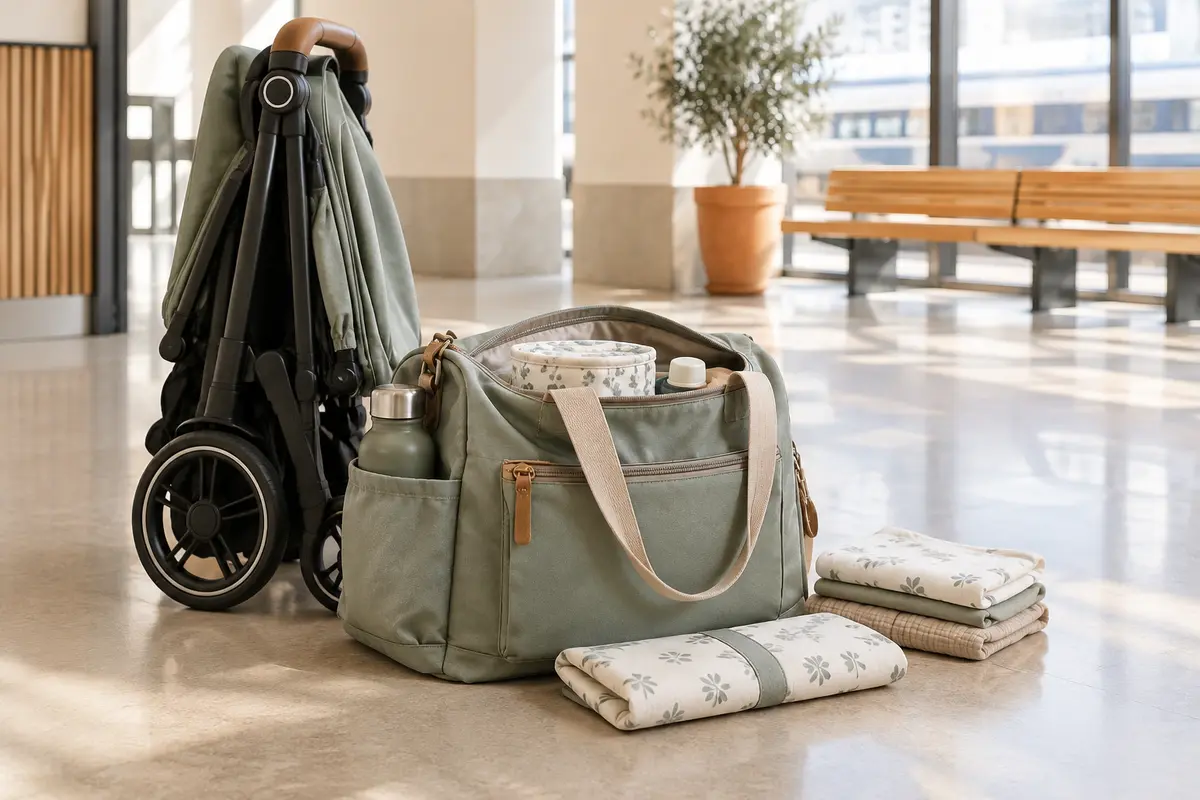 Sac à langer organisé près d’une poussette pliée dans un hall de gare dégagé
