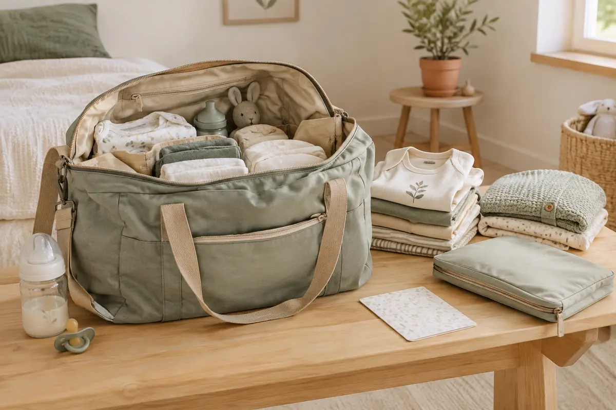 Sac de maternité ouvert avec des vêtements de bébé pliés et des pochettes organisées à proximité