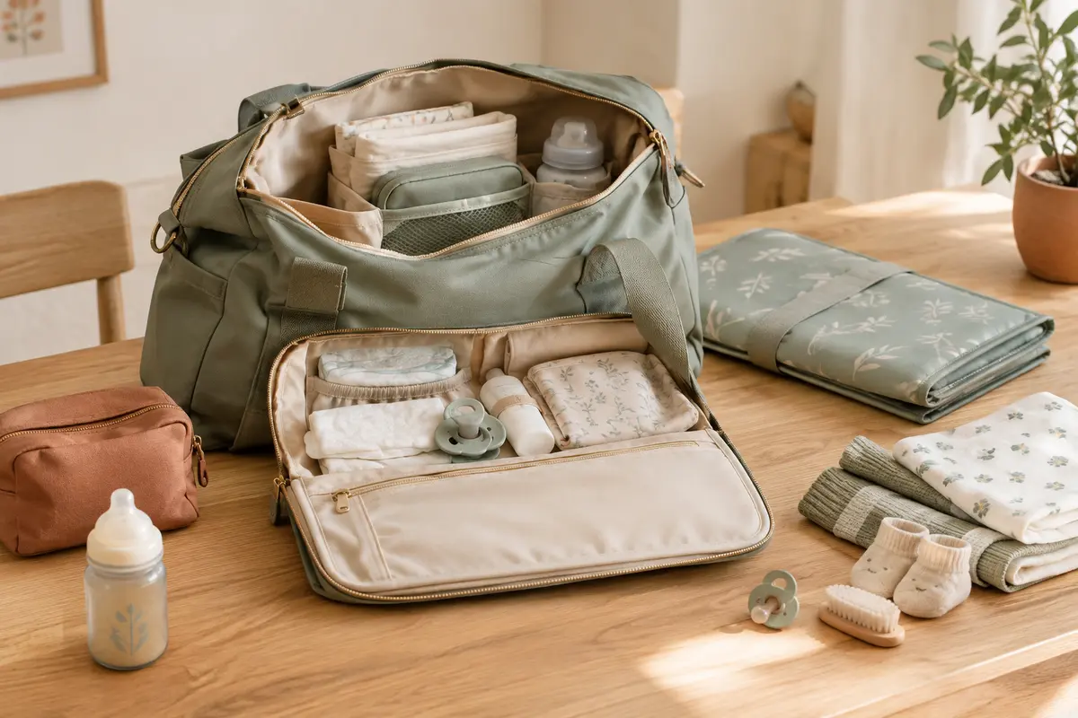 Sac à langer ouvert avec pochette de change et matelas nomade placés près de l’ouverture