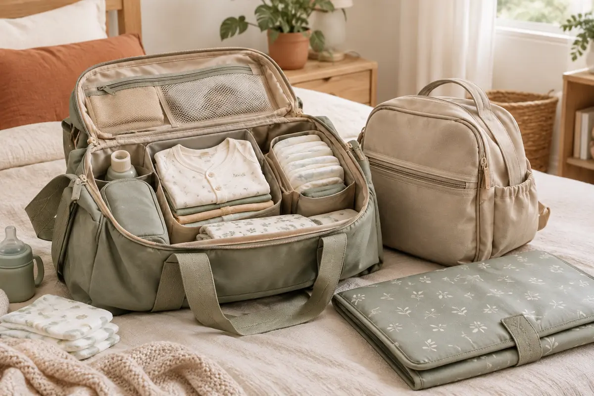 Sac de maternité et sac à langer séparés avec une tenue de bébé et des affaires de change