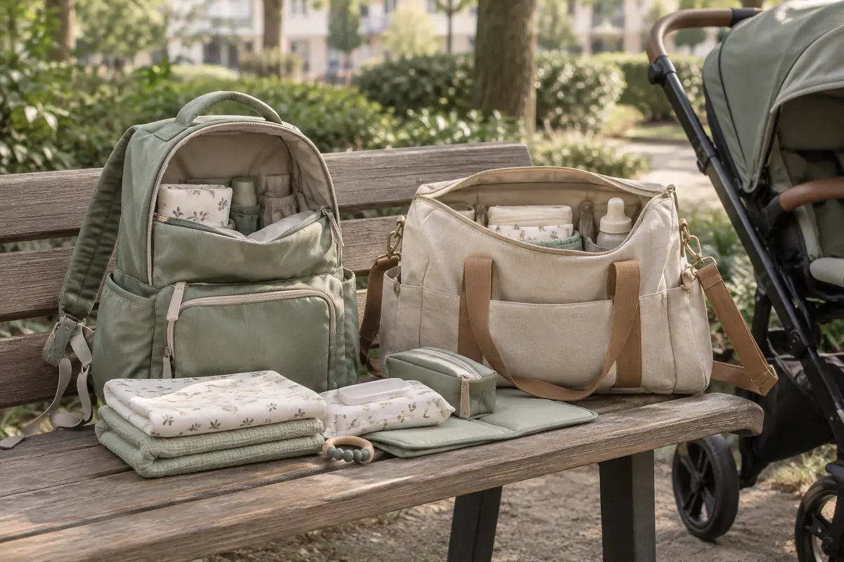 Sac à langer à dos et sac à langer bandoulière posés près d’une poussette dans un parc