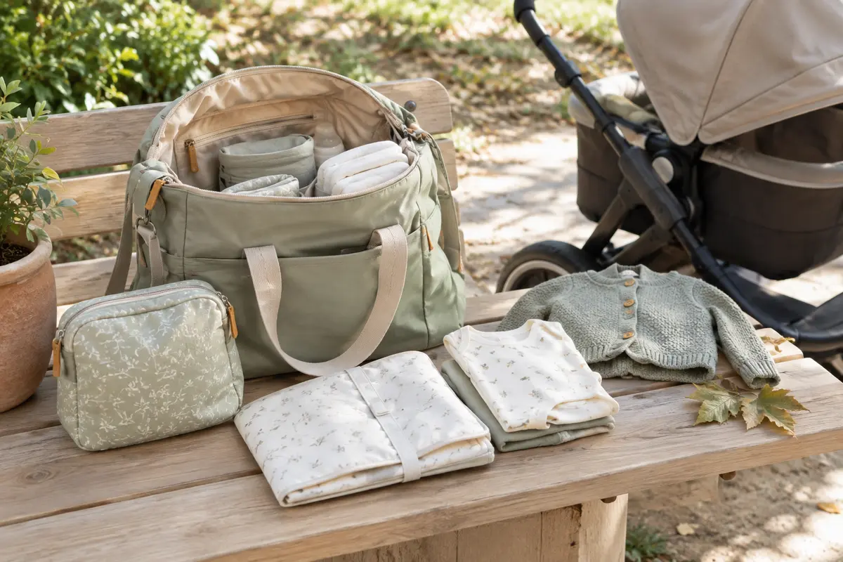 Sac à langer ouvert avec pochette de change, matelas nomade et vêtements adaptés à une sortie.
