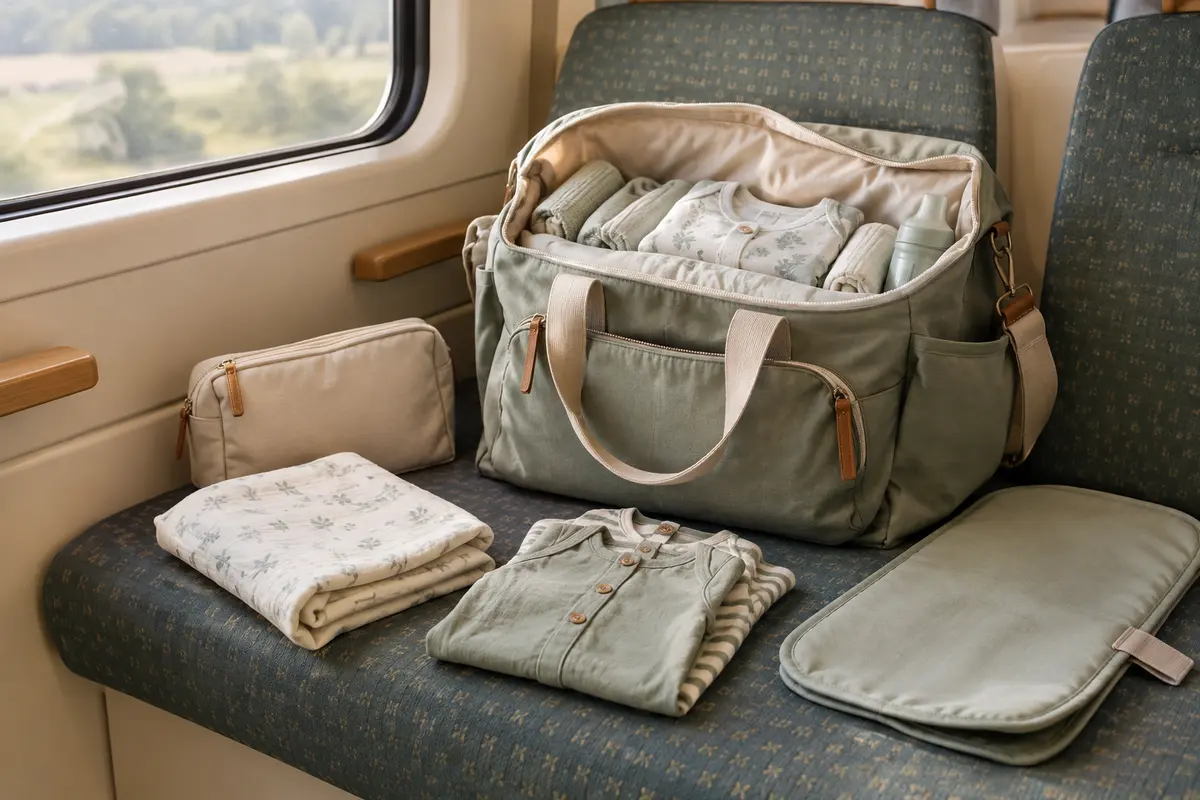 Sac à langer organisé avec pochette de change et tenue de rechange sur une banquette de train vide