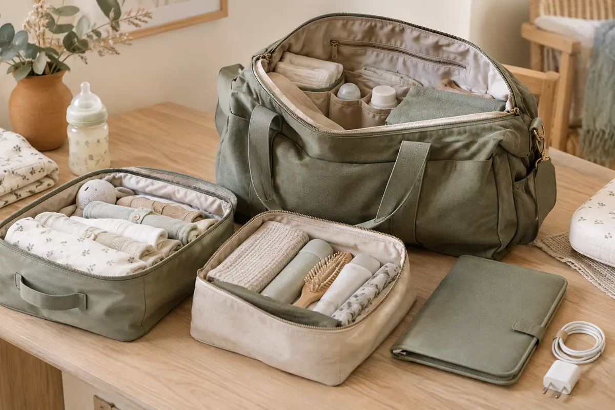 Sac de maternité ouvert avec des pochettes séparant les affaires du bébé et du parent
