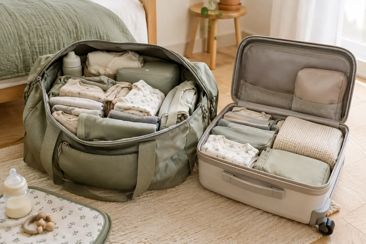Sac de maternité et valise ouverts, avec des vêtements pliés et des pochettes de rangement.