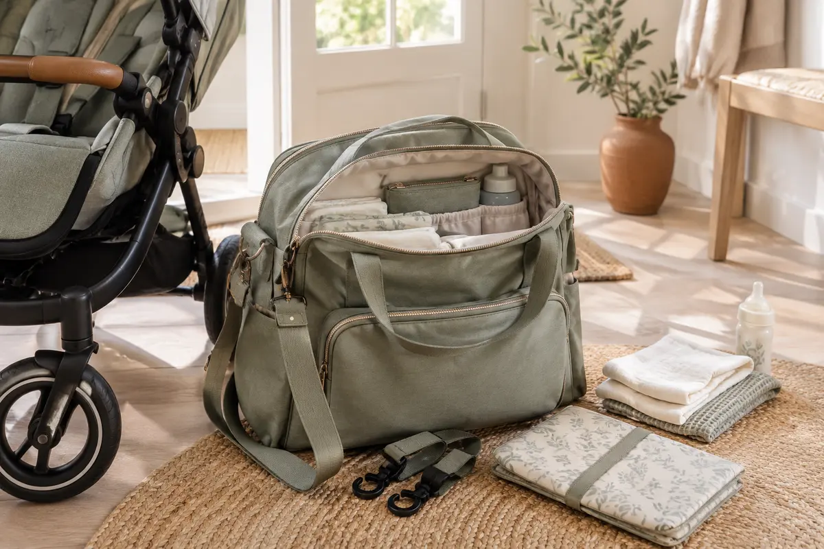 Sac à langer convertible près d’une poussette, avec sa sangle d’épaule et ses attaches rangées