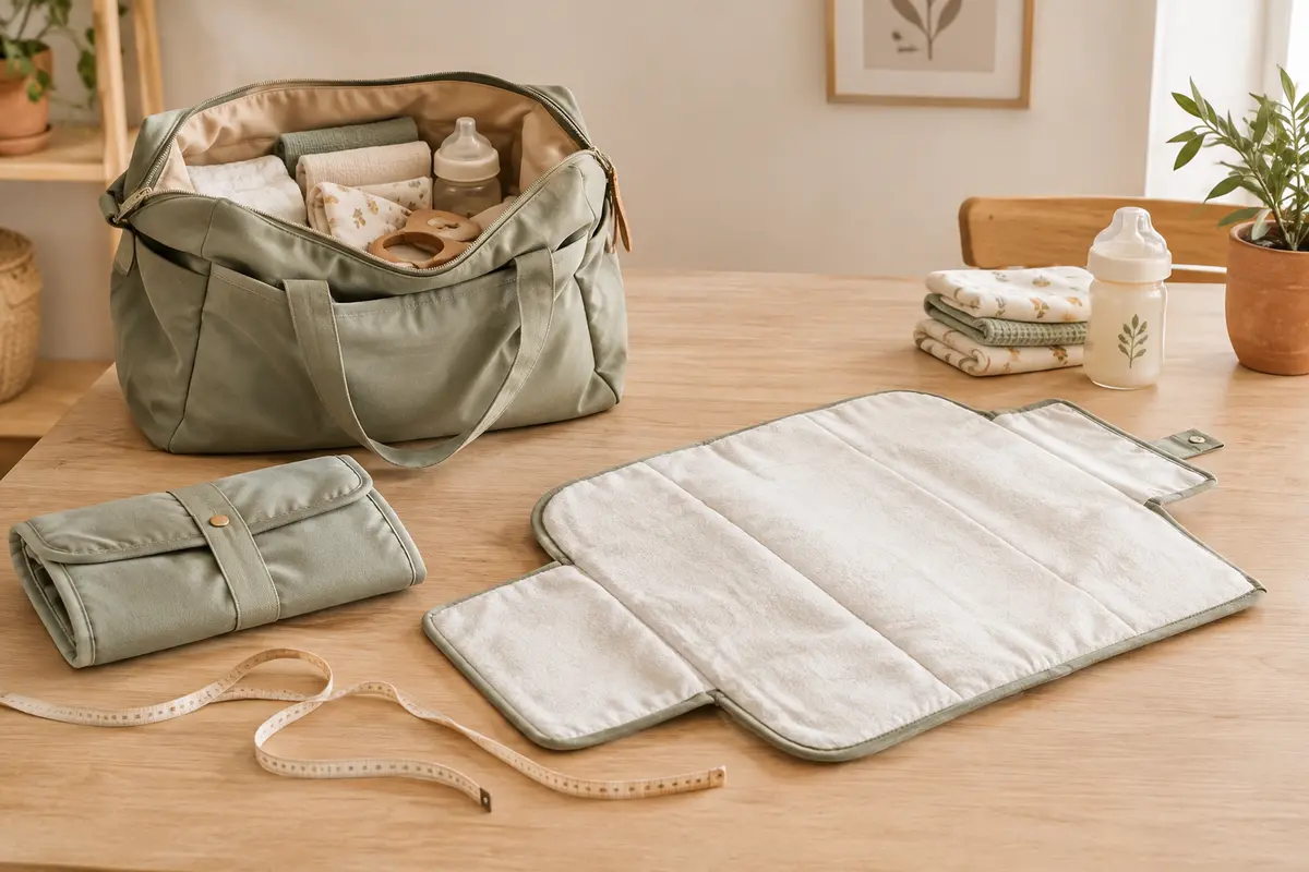Matelas à langer nomade plié et déplié près d’un sac ouvert, avec un mètre ruban