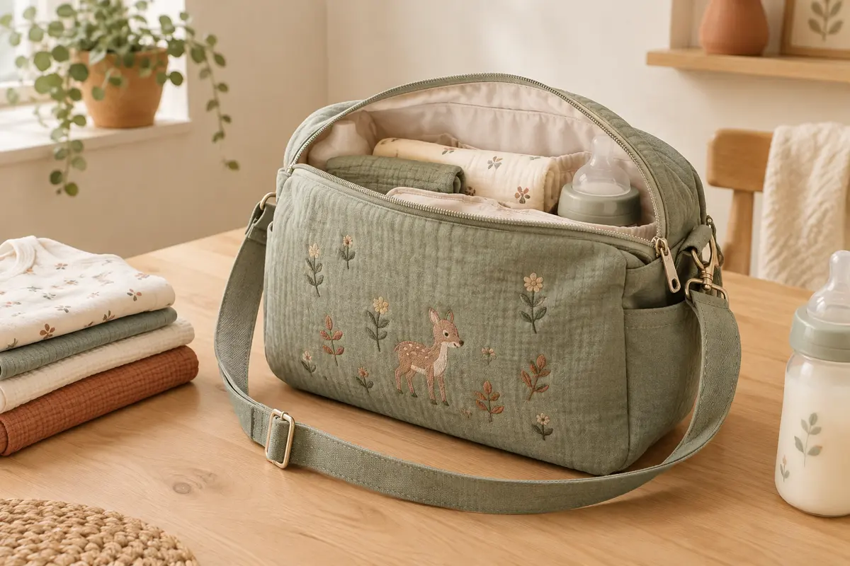 Petit sac à langer en coton ouvert, avec bandoulière, couches pliées et biberon posés à proximité