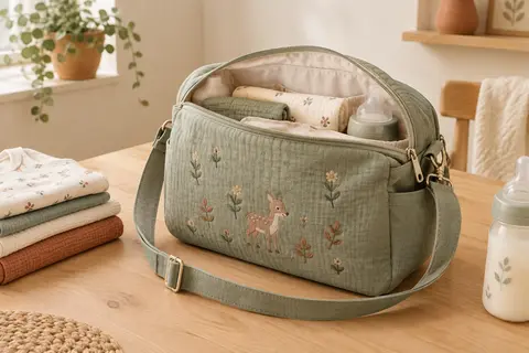Petit sac à langer en coton ouvert, avec bandoulière, couches pliées et biberon posés à proximité