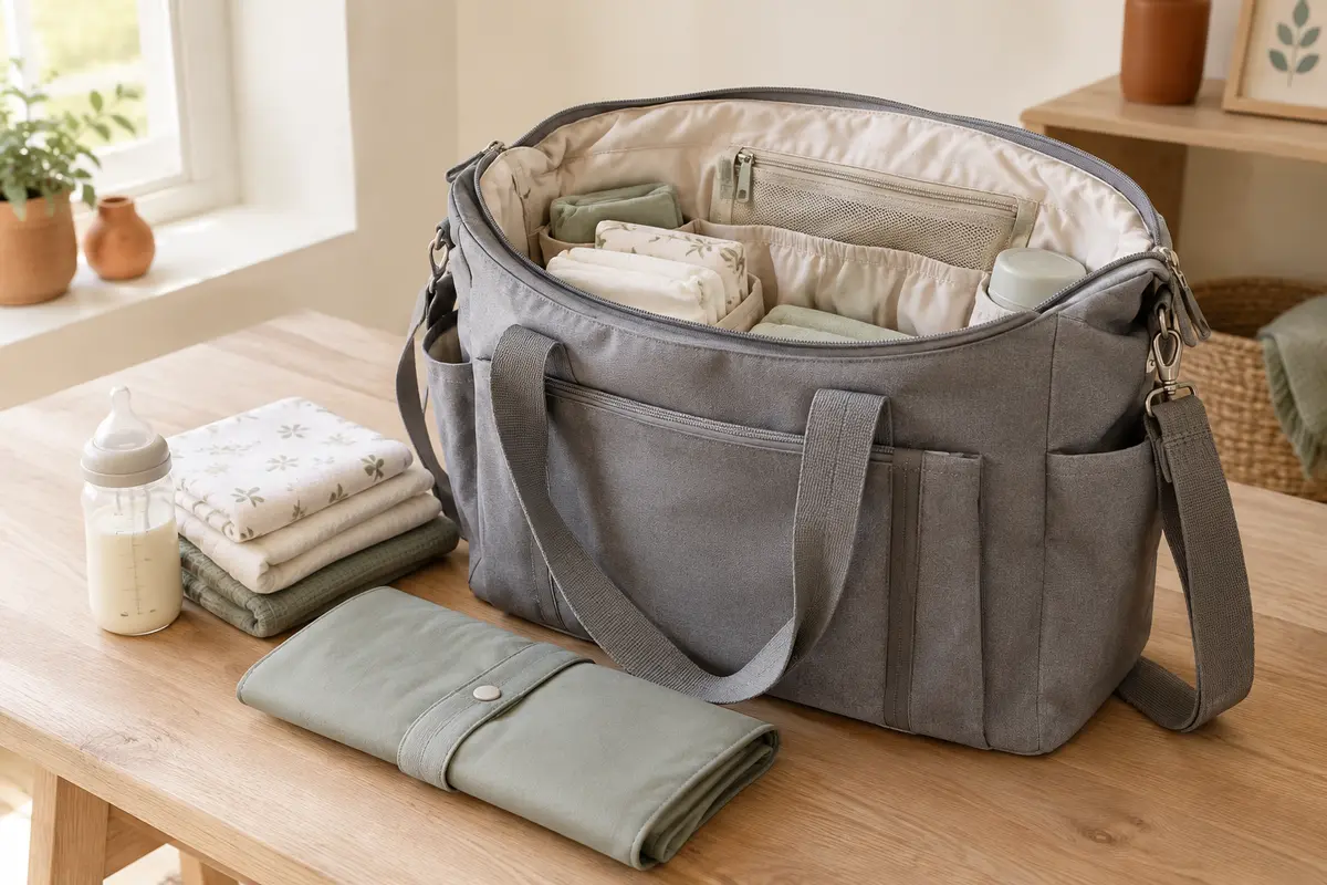 Sac à langer cabas gris ouvert, avec ses compartiments visibles, près de couches pliées et d’un biberon.