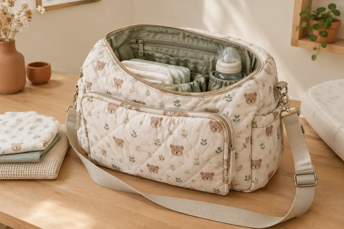 Sac à langer Aucuu en coton matelassé ouvert, avec poches de rangement, couches pliées et biberon