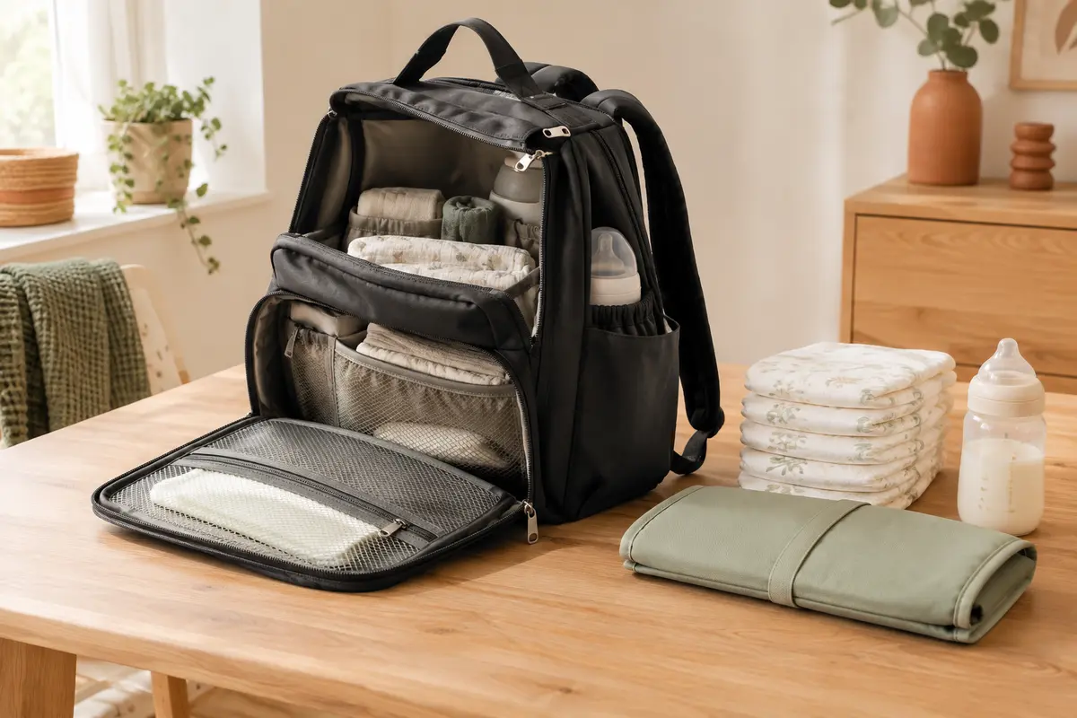 Sac à dos à langer noir ouvert sur une table en bois, avec couches pliées et matelas nomade.