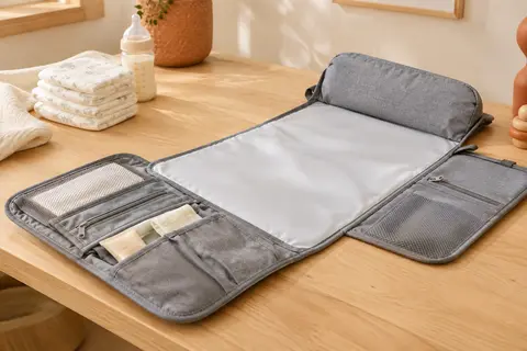 Matelas à langer nomade gris ouvert sur du bois clair, avec ses poches de rangement et des couches