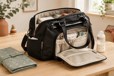 Sac à langer noir ouvert, avec ses compartiments visibles et un matelas plié posé à côté.