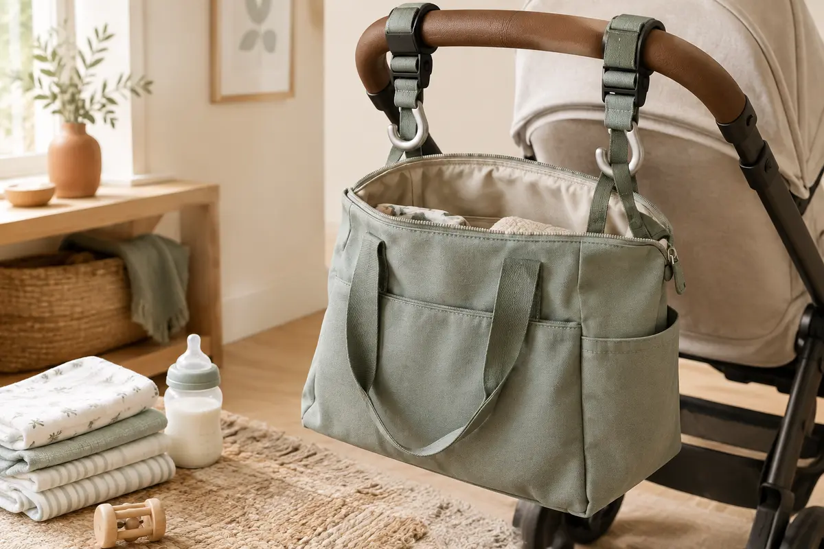 Deux crochets en aluminium fixés à une poignée de poussette, avec un sac à langer suspendu