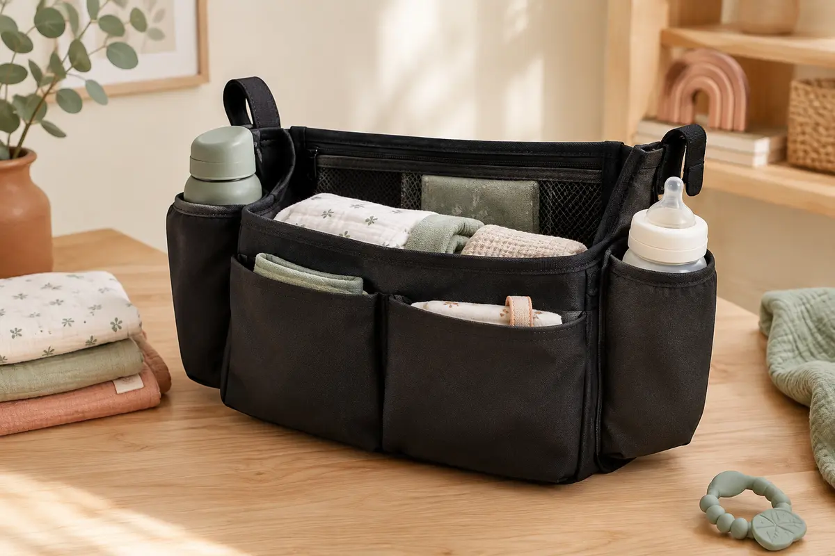 Organisateur de poussette noir avec poches et deux porte-bouteilles, près de couches pliées.
