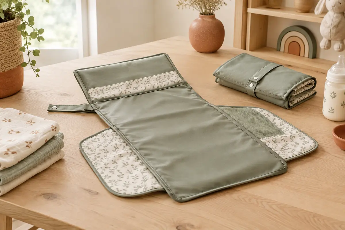 Tapis à langer nomade Bambino Mio déplié sur une surface claire, avec une couche pliée à proximité.
