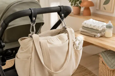 Paire de crochets noirs à sangles réglables fixée au guidon d’une poussette avec un sac à langer.