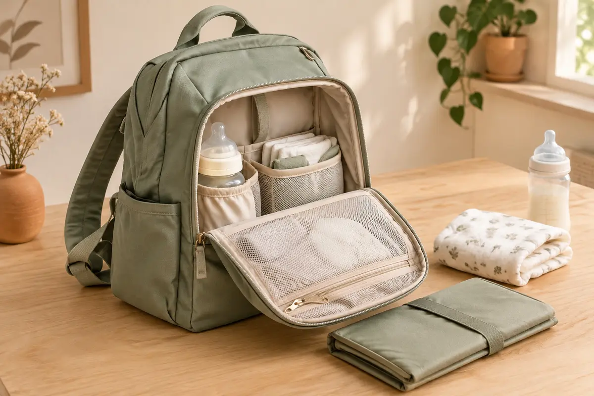Sac à dos à langer vert sauge ouvert sur une table en bois, avec tapis à langer et accessoires de bébé