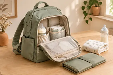 Sac à dos à langer vert sauge ouvert sur une table en bois, avec tapis à langer et accessoires de bébé