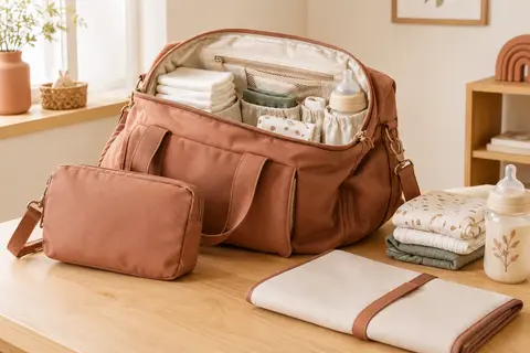 Sac à langer Béaba terre d’argile ouvert, avec couches pliées et accessoires de change sur une surface en bois.