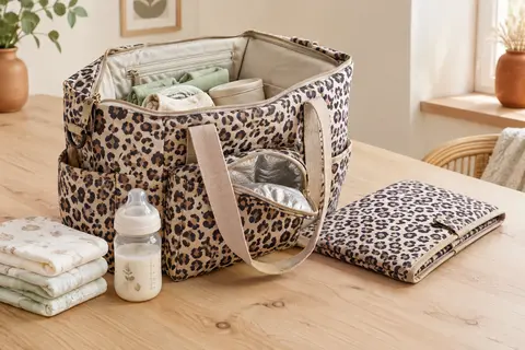 Sac à langer cabas Béaba à motif léopard ouvert, avec tapis matelassé, couches pliées et biberon.