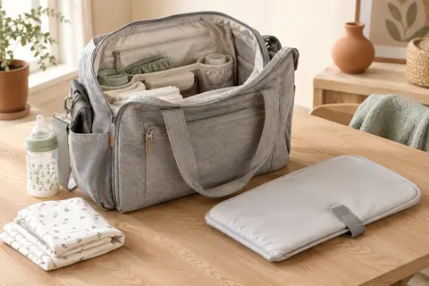 Sac à langer gris chiné ouvert avec ses compartiments, son matelas amovible et des accessoires de change