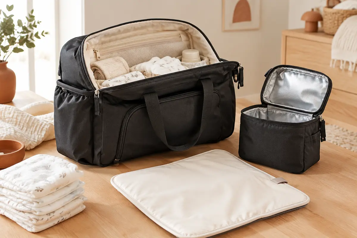 Sac à langer Béaba Sydney II noir ouvert avec son matelas à langer et sa pochette repas isotherme.