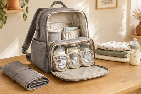 Sac à dos à langer gris ouvert avec ses poches, des couches pliées et un biberon sur une table en bois