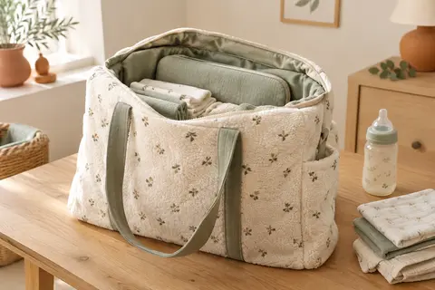 Sac à langer cabas teddy écru ouvert, avec pochette détachable et accessoires de change pour bébé