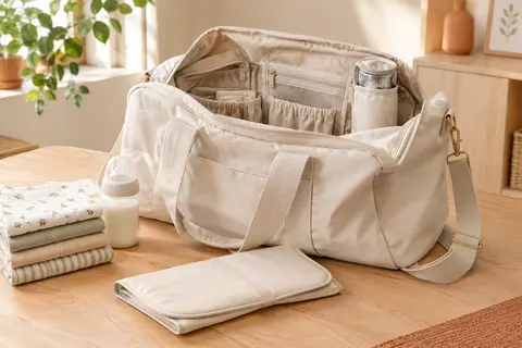 Sac à langer Childhome Mommy Bag écru ouvert, avec tapis à langer, poches et biberon en décor.