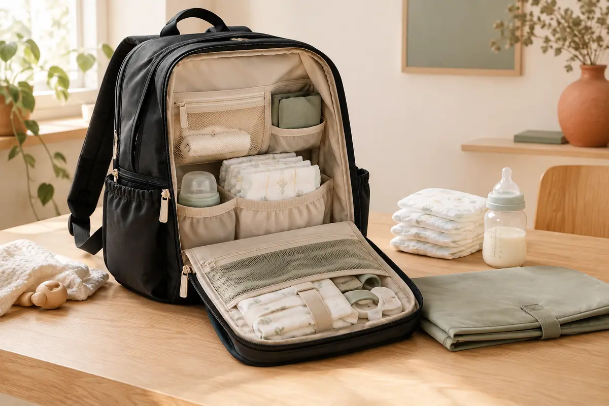 Sac à dos à langer noir ouvert avec rangements, tapis nomade, couches pliées et biberon