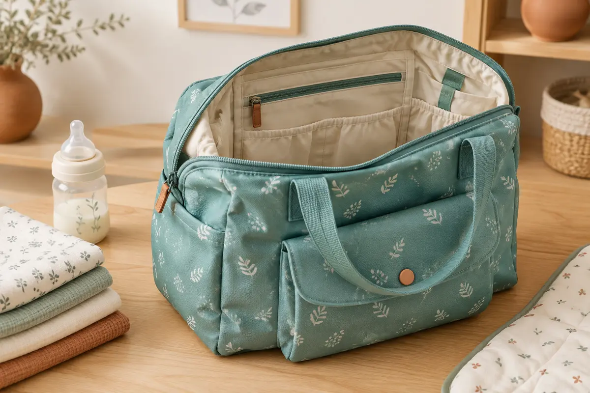 Organisateur de poussette turquoise en polyester, ouvert avec ses poches et ses poignées courtes.
