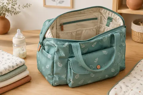 Organisateur de poussette turquoise en polyester, ouvert avec ses poches et ses poignées courtes.
