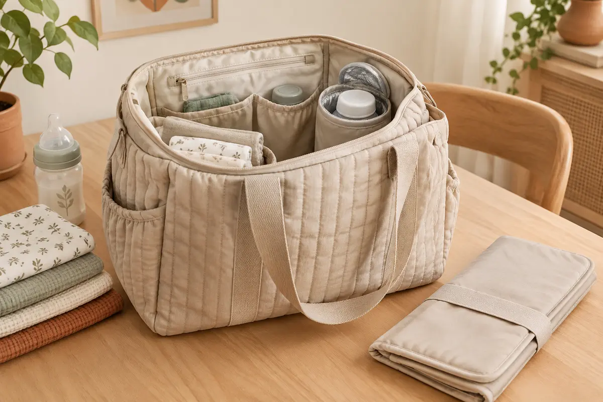 Sac à langer cabas matelassé sable ouvert, avec tapis pliable et rangements visibles sur une table en bois