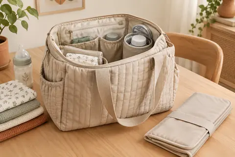 Sac à langer cabas matelassé sable ouvert, avec tapis pliable et rangements visibles sur une table en bois