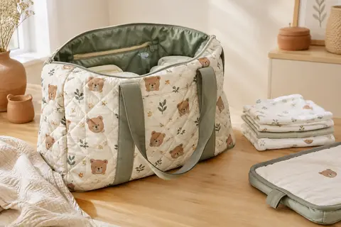Sac de maternité matelassé en coton à motif ours, ouvert près de couches pliées sur une surface claire.