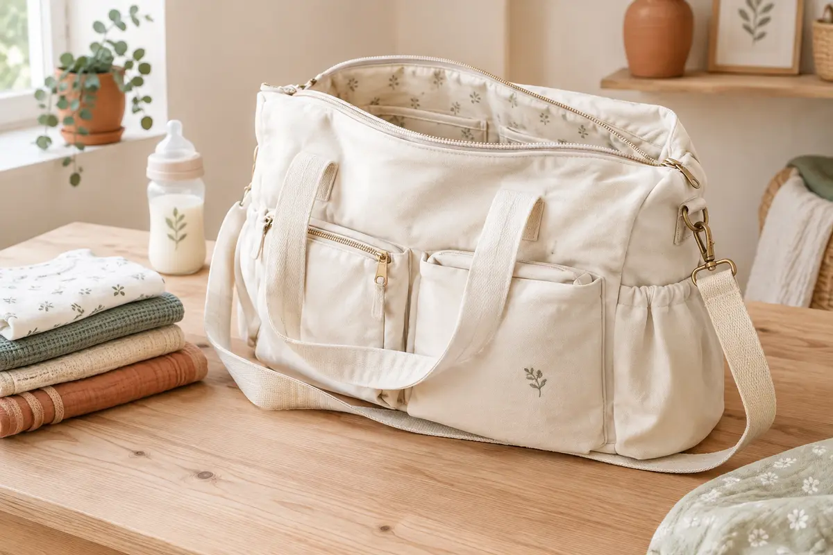 Sac à langer en coton blanc ouvert, avec poches extérieures, bandoulière et accessoires de bébé