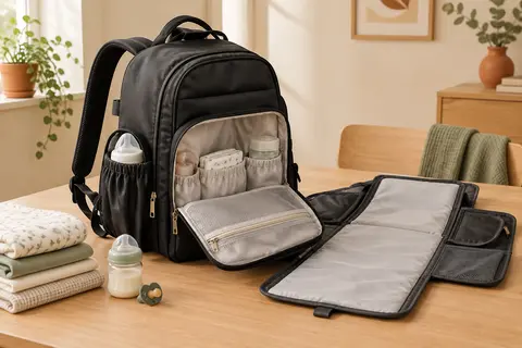 Sac à dos à langer noir ouvert, poches visibles et station de change pliable dans un intérieur lumineux.